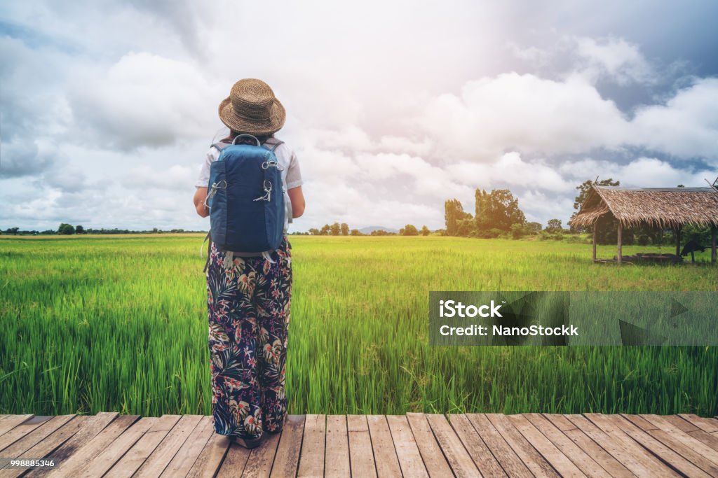 Frau Reisenden asiatischen Reis Feld Landschaft wandern. - Lizenzfrei Japan Stock-Foto