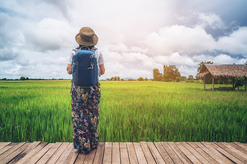 Woman traveller hiking in Asian rice field landscape. Backpacking vacation in spring season.