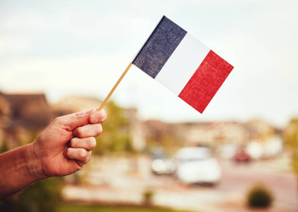 Male hand holding French flag