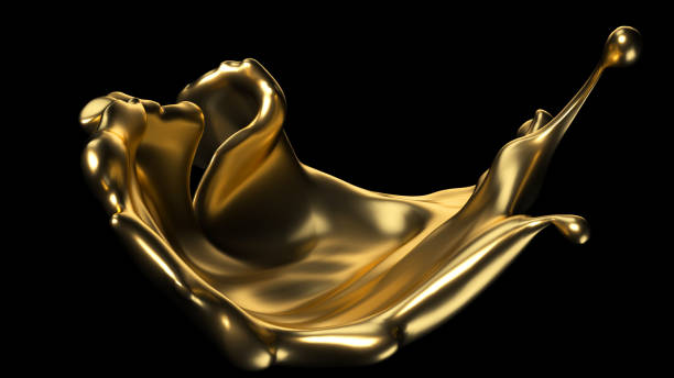 spruzzo d'oro su sfondo nero. rendering 3d. - liquid foto e immagini stock