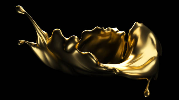 Gold splash on black background. 3d rendering. stock photo
