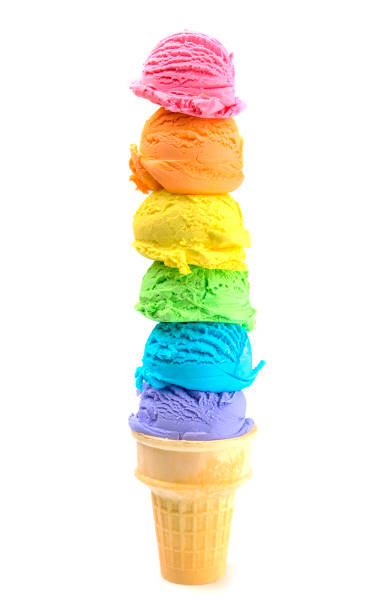 sechs kugeln rainbow eistüte auf weißem hintergrund - ice cream cone stock-fotos und bilder