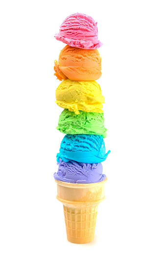Six Large Scoops of Rainbow Ice Cream Cone on a White Background