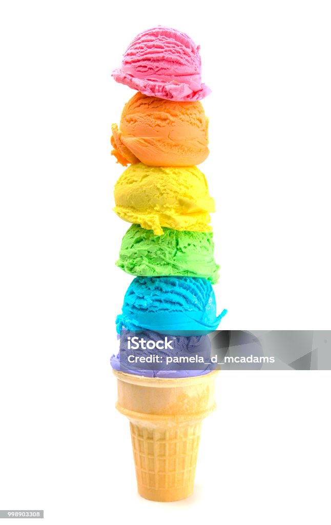 Six Scoops of Rainbow Ice Cream Cone on a White Background Six Large Scoops of Rainbow Ice Cream Cone on a White Background Ice Cream Stock Photo