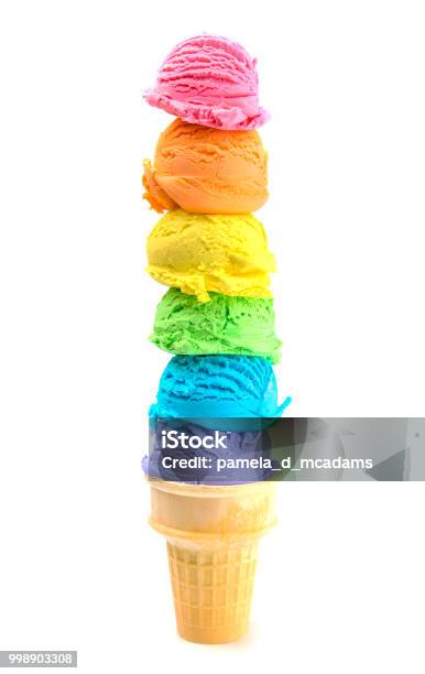 Six Scoops Of Rainbow Ice Cream Cone On A White Background Stock Photo - Download Image Now