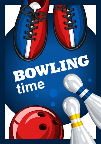 Colorful poster for time bowling. Vector template poster with bowling skittles, colored bowling balls and bowling shoes. Poster for ad, advertising, promotion, leaflet, flyer, postcards 3.1