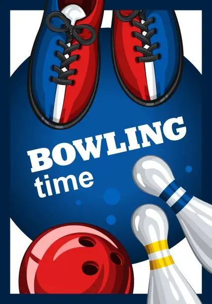 Vector illustration of Poster with bowling skittles, colored bowling balls and bowling shoes. Poster for time bowling 1.1