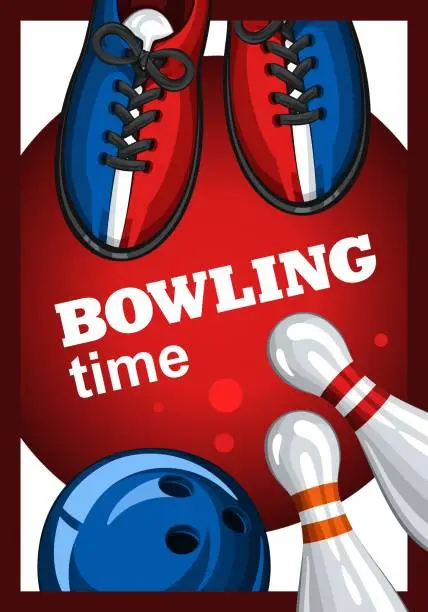 Vector illustration of Poster with bowling skittles, colored bowling balls and bowling shoes. Poster for time bowling 1.1