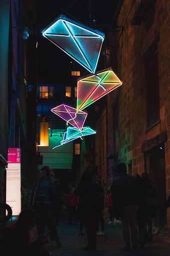 Sydney, Australia - June 1, 2018: Luminous flight - art installation during Vivid Sydney at The Rocks.