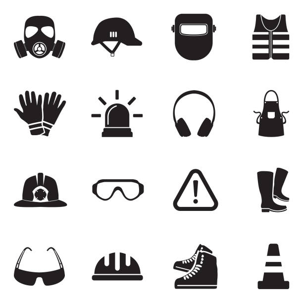 Safety Equipment Icons. Black Flat Design. Vector Illustration. Helmet, Gas Mask, Goggles, Warning, Emergency, Workwear protective eyewear stock illustrations