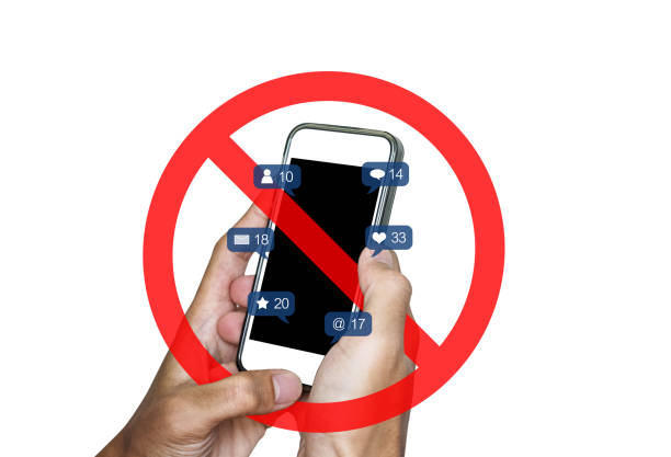 istock Hands using mobile smart phone and social media, social network notification icons, with not allow sign, isolated on white background 998934016