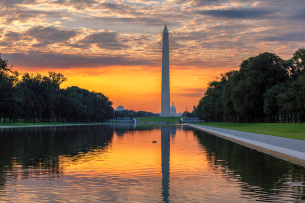 Washington Monument at Sunrise in Washington DC Washington Monument at Sunrise from new reflecting pool by Lincoln Memorial,  Washington DC, USA. lincoln memorial photos stock pictures, royalty-free photos & images