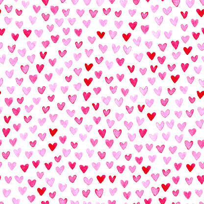 Set of watercolor painted heart shapes on square white card. Seamless pattern - duplicate it vertically and horizontally to get unlimited area. 
Zoom to see the details - artwork with uneven mixed shades od red and pink with visible imperfections and uncontrolled shapes.
All in vectors - scalable to any size!