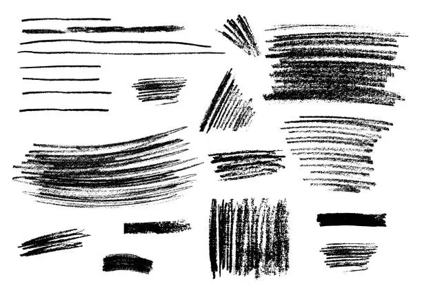Vector illustration of Collection of different charcoal hatches. Vector isolated scetches. Pencil scribble texture. Rough edges background.