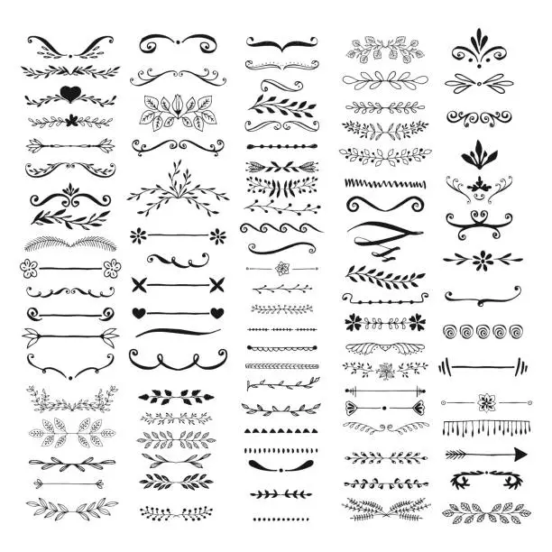 Vector illustration of Set of dividers, flourishes, vines, ornate lines.