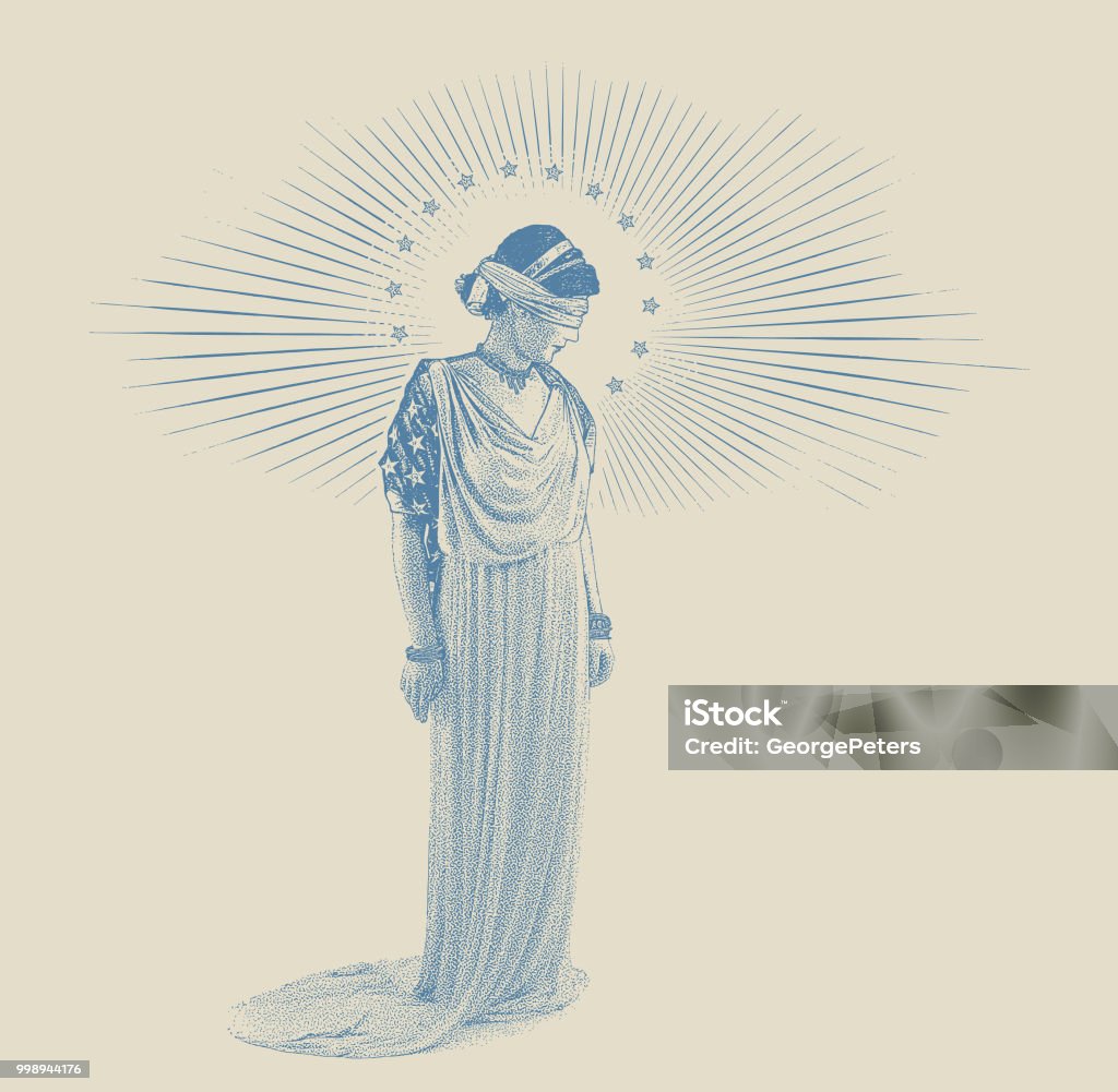 American Lady Justice with sad expression Mezzotint illustration of American Lady Justice with sad expression Lady Justice stock vector