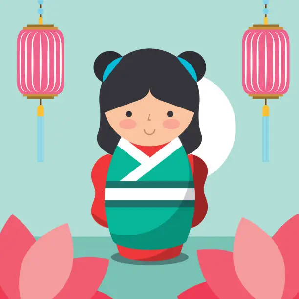 Vector illustration of floral decoration chinese lanterns and japanese kokeshi doll in kimono