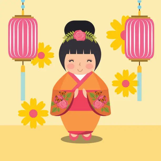 Vector illustration of floral decoration chinese lanterns and japanese kokeshi doll in kimono