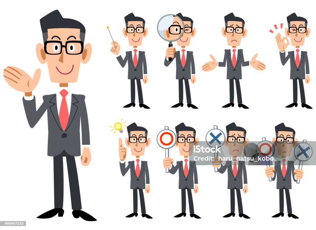 Gestes et expressions des lunettes-portées, hommes d’affaires porter gris et une cravate rouge costume _ les types de corps entier 9 - clipart vectoriel de Adulte libre de droits