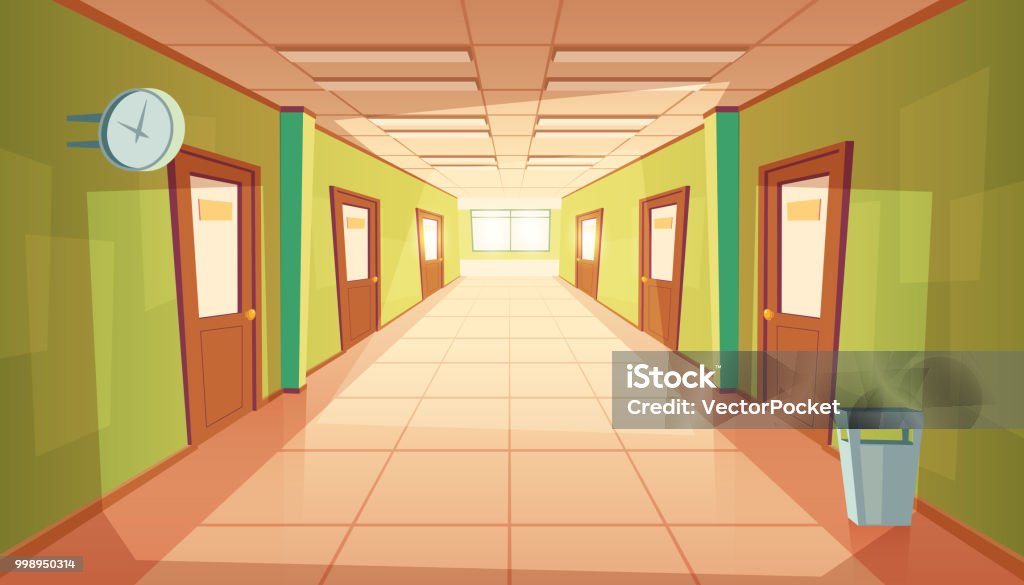 Vector cartoon school or college hallway, university corridor Vector cartoon school hallway with window and many doors. College corridor with rubbish bin and no people. Interior of university, education concept. Education stock vector