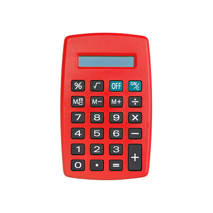 Red calculator isolated on white background with clipping path