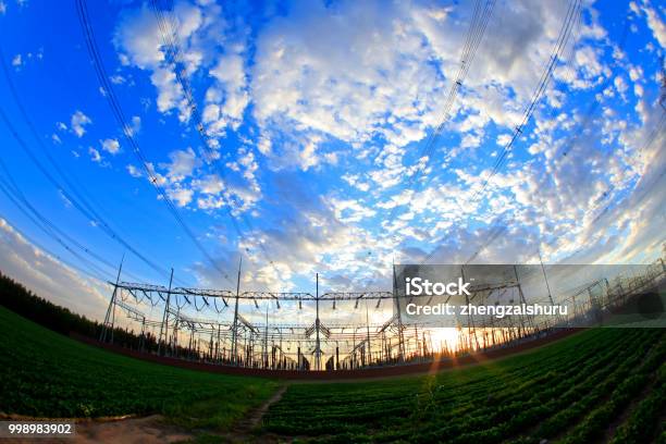 Substation In The Evening The Silhouette Of The Power Supply Facilities Stock Photo - Download Image Now