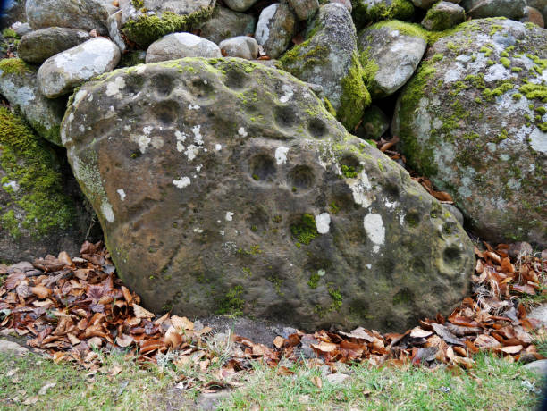 Balnuran of Clava Cup and Ring Marked Kerbstone This is the cup-and-ring marked kerbstone to the north of the north-east cairn  at the Balnuran of Clava Bronze Age cemetery, near Inverness. kerbstone stock pictures, royalty-free photos & images