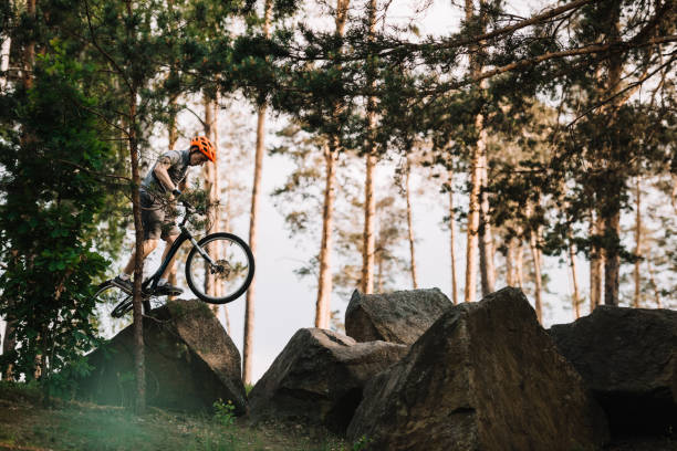 istock side view of trial biker balancing on rocks outdoors at pine forest 998984028