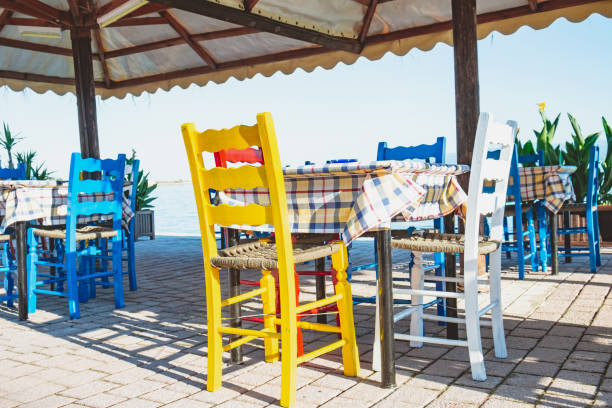 Outdoor cafe closing in the early morning displays brightly colored wooden chairs in red, blue, yellow and green around tables. Stone walls and teal-painted surfaces create a cheerful interior.