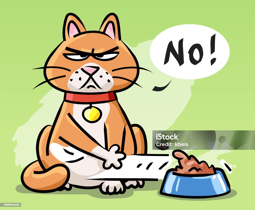 Finicky Cat Rejecting Food Vector illustration of a displeased looking orange cat pushing away a bowl full of cat food. Concept for finicky and picky cats, choosiness and spoiled domestic animals. Domestic Cat stock vector