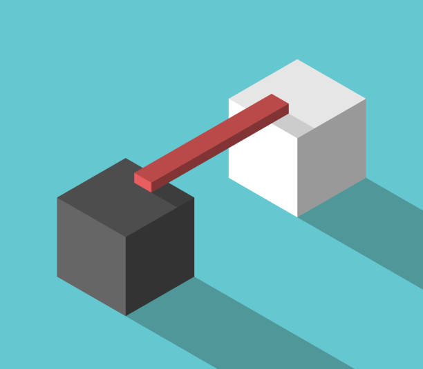 Two cubes, linking bridge Isometric black and white cubes and red bridge linking them on turquoise blue. Communication, gap, teamwork and challenge concept. Flat design. Vector illustration, no transparency, no gradients bridging the gap stock illustrations