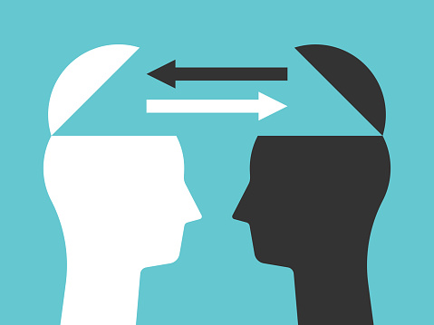 Two open heads silhouettes with arrows exchanging thoughts. Communication, idea, knowledge, teamwork and education concept. Flat design. Vector illustration, no transparency, no gradients