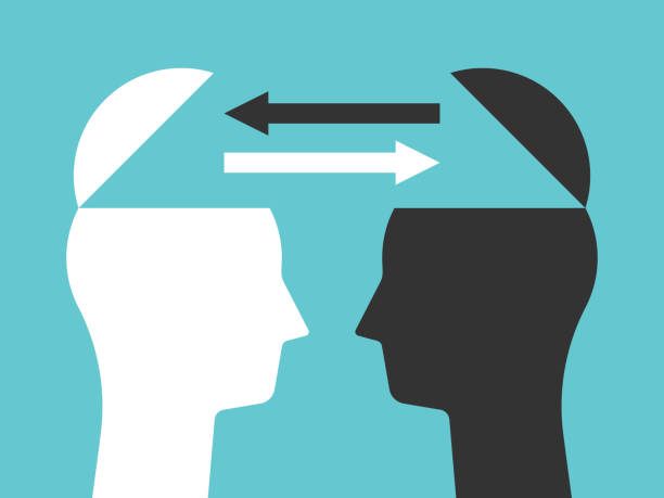 Two heads exchanging thoughts Two open heads silhouettes with arrows exchanging thoughts. Communication, idea, knowledge, teamwork and education concept. Flat design. Vector illustration, no transparency, no gradients sharing illustrations stock illustrations