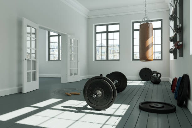 istock Workout Room with different Weight Lifting Equipment dumbbell, barbell, kettlebell 998997100