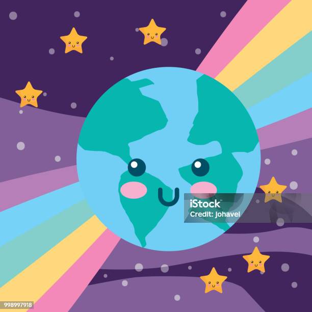 Kawaii Planet Earth Rainbow And Stars Stock Illustration - Download Image Now - Astronomy, Atmosphere, Banner - Sign