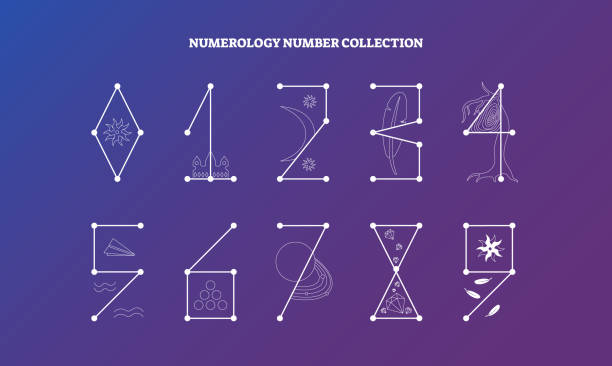 Numerologia com design de significado simbólico. Coleção de ilustrações vetoriais, conhecimento esotérico e ciência dos números. Numerologia com design de significado simbólico. Coleção de ilustrações vetoriais, conhecimento esotérico e ciência dos números. Design de números simples e geométricos com símbolos de arte linear. Ilustrações de banco de imagens de numerologia.