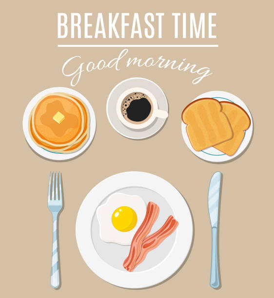 śniadanie jedzenie z widokiem z góry - fork plate isolated scrambled eggs stock illustrations