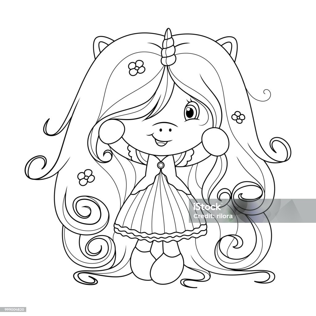 Cute baby unicorn with super long hair with flowers, coloring page for girls. Vector. Cute baby unicorn holding flower, coloring page for girls. Vector illustration isolated on white background. Adult stock vector