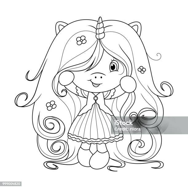 Cute Baby Unicorn With Super Long Hair With Flowers Coloring Page For Girls Vector Stock Illustration - Download Image Now