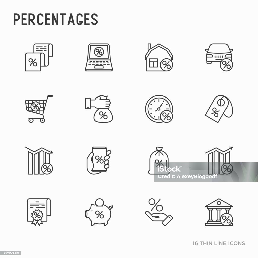 Percentages concept with thin line icons set: loan, credit, offer, interest rate, sale, discount, percentage graph of growth or fall, leasing, on screen of smartphone. Modern vector illustration. Icon Symbol stock vector