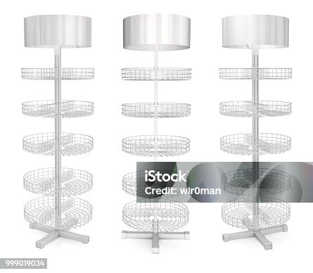 istock Trading rack with wire shelves. Set of 3d illustrations on a white background. 999019034