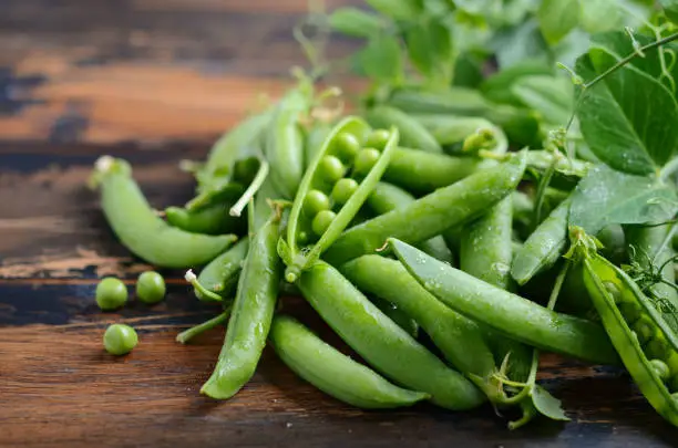 Fresh organic green peas on rustic wooden background, selective focus.