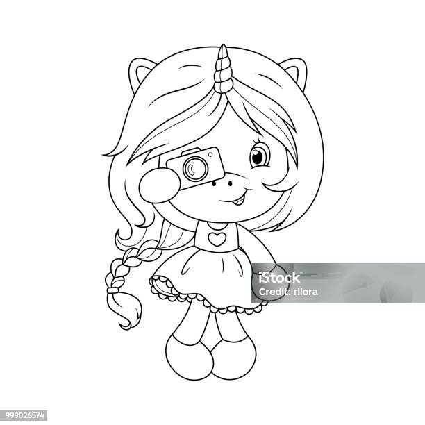 Cute Baby Unicorn With Camera Coloring Page For Girls Vector Stock Illustration - Download Image Now