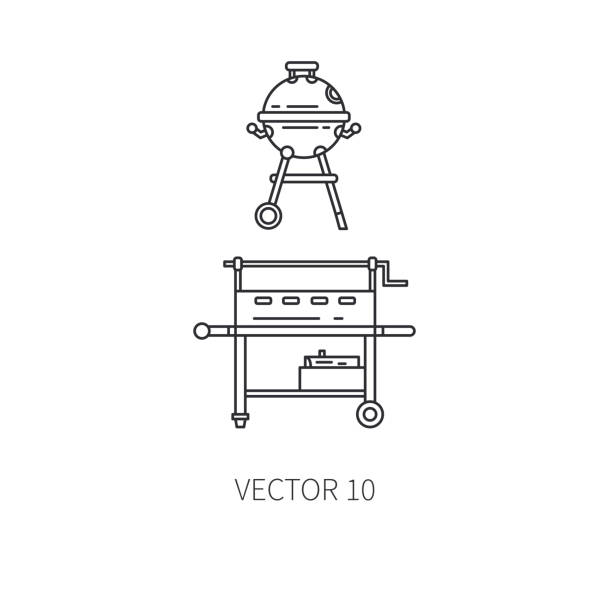 레트로 가구 소형 바베 큐 그릴, 훈제 장 라인 아이콘을 설정합니다. 여름 여행 휴가, 관광, 캠핑 장비입니다. 뒤뜰 클래식 점심입니다. 야외 가족 피크닉, 파티 기호 및 기호입니다. 라이프 스타� - tobacco wagon stock illustrations