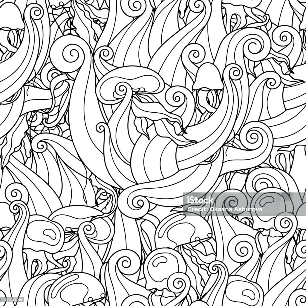 Doodle seamless pattern with waves and jellyfish. Sea texture for coloring book or design. Easy to change colors. Vector illustration. Animal Wildlife stock vector