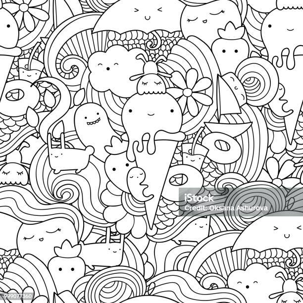 Vector Doodle Seamless Pattern With Ice Cream Fruits And Waves Stock Illustration - Download Image Now