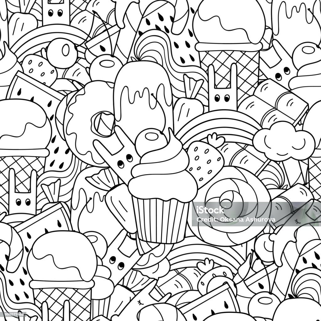 Vector doodle seamless pattern, sweets in cartoon style with ice cream, cupcake and cute rabbits. Food pattern for coloring book or design. Coloring Book Page - Illlustration Technique stock vector