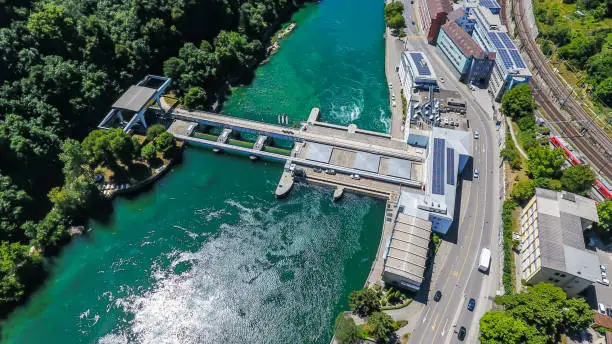 Schaffhausen, Switzerland - June 5, 2017: The Schaffhausen hydropower plant was built between 1961 and 1967. It is the highest power station on the Upper Rhine.