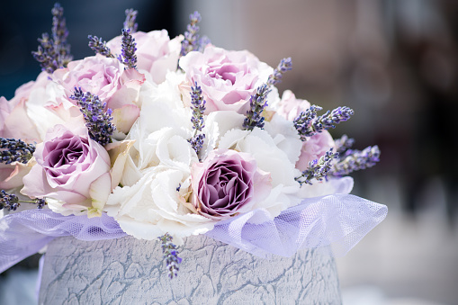 Close-up of white and purple roses and lavanda in a stone vase, Slovenia, Europe. Nikon D850.
