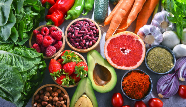 istock Composition with fresh vegetarian grocery products 999114290